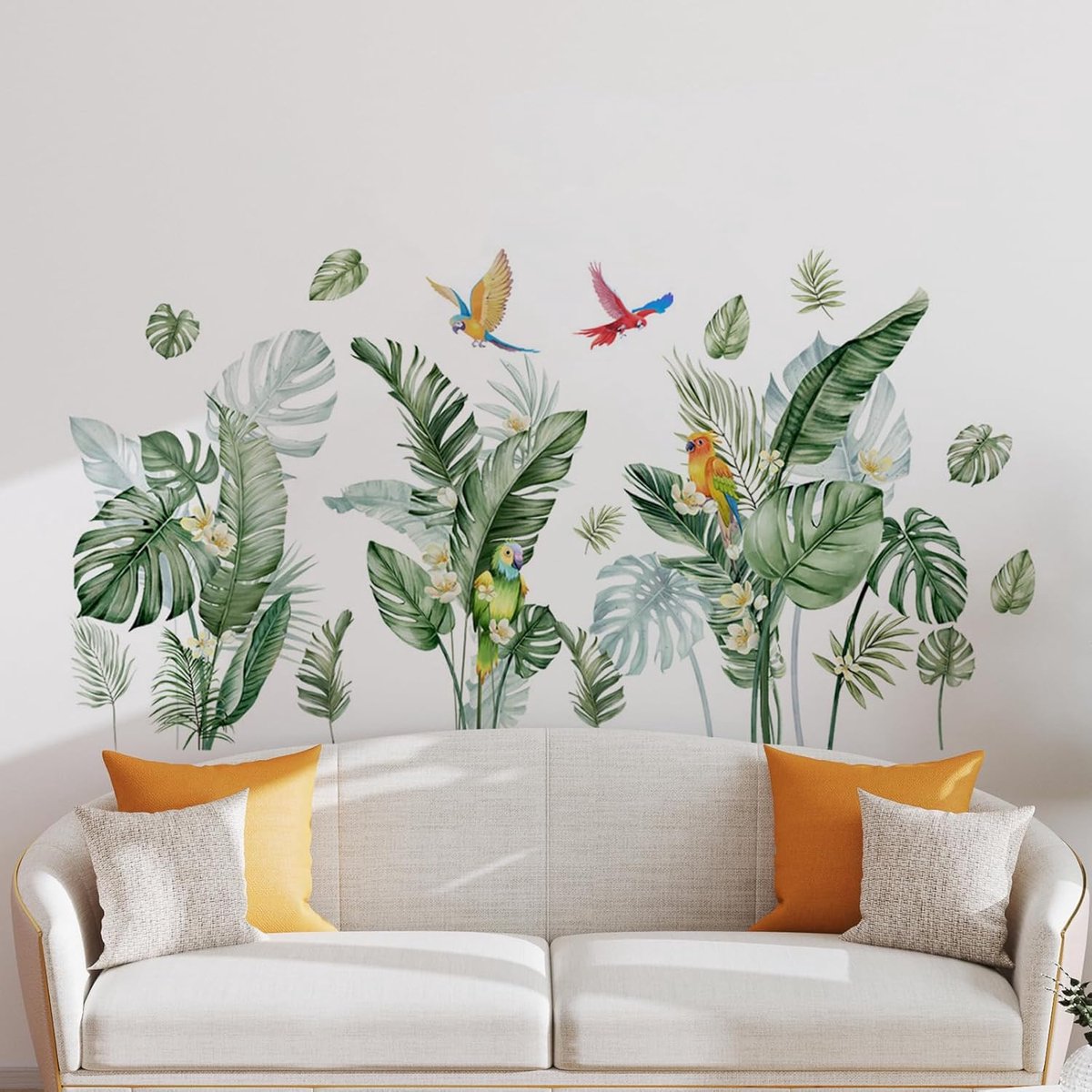 Muurstickers Papegaaien en tropische palmbladeren Decalco Muurstickers Zelfklevende Groene Planten Decoratieve Muurstickers voor Woonkamer Slaapkamer Kantoor