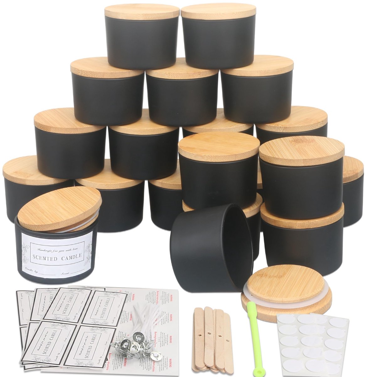 Omgoods - 20 Stuks Matte Zwarte Glazen Kaarsenpotten met Deksel en Kaarsenmaak Kits