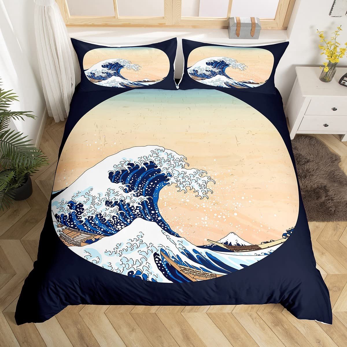 Omgoods - Artistieke Ukiyoe Duvet Cover Set - Dubbele Beddegoed met Japanse Golfprint
