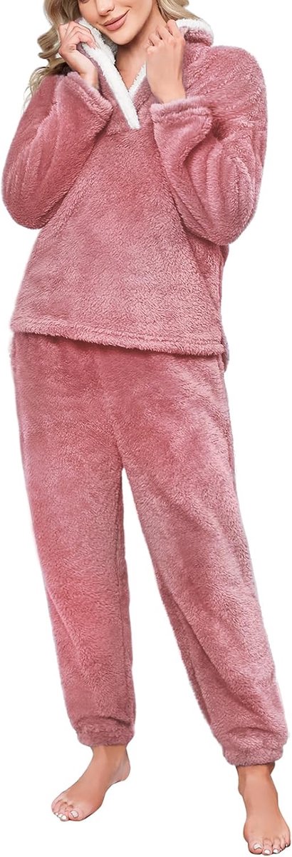 Pyjama voor dames, winter, fleece, pyjamaset, fleece, warm en zacht, lange mouwen, revers, pyjama