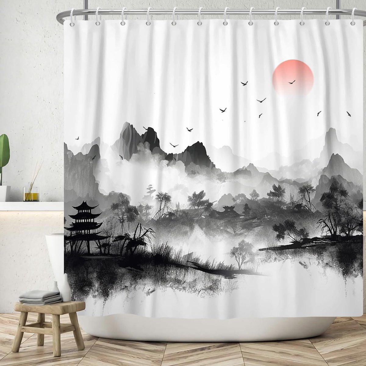 Omgoods - Douchegordijn 180x200 cm - Chinese Stijl Inkt en Wasbare Verf met 12 Haken