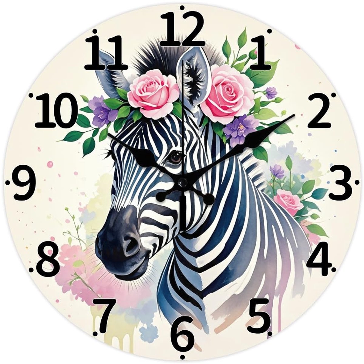Omgoods - Zebra Wandklok met Rozen en Wilde Bloemen - Stille Decoratieve Klok