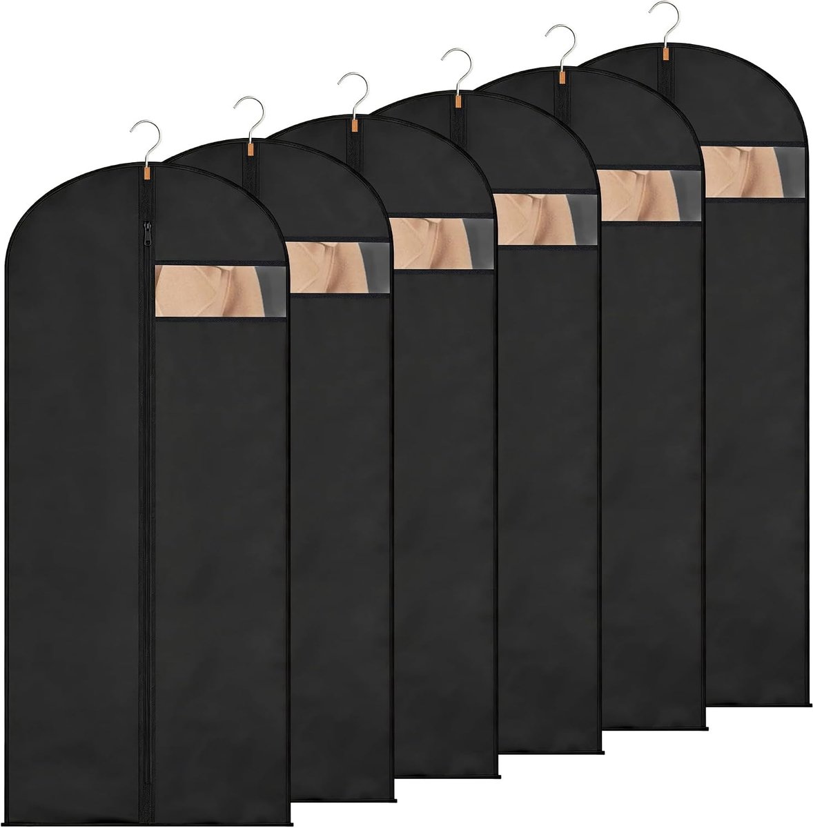 Set van 6 kledingzakken met ritssluiting en kijkvenster, 60 x 140 cm, PEVA-kledingbeschermhoezen, stof- en waterdicht, organizer voor pakken, jurken en jassen, ideaal voor thuis en op reis, zwart