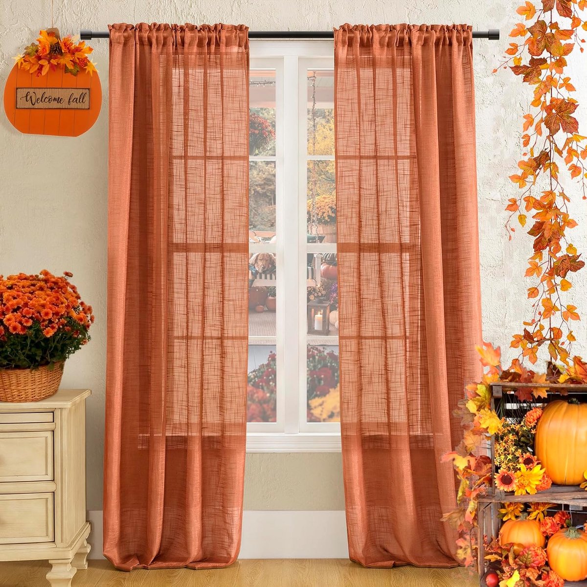 Panelen voor woonkamer 213 cm lange pure boho faux linnen getextureerde Indiase Boheemse gordijnen voor slaapkamerraam, donkeroranje