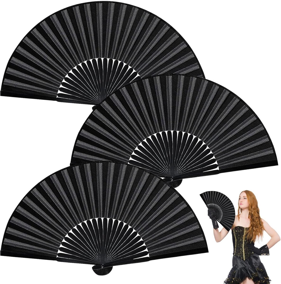 3 stuks handwaaiers, vouwventilator, Chinese waaiers, 37,5 x 21 x 2,2 cm, zwarte waaiers, bruiloft, handwaaier voor bruiloft, dans, feest, favorieten, doe-het-zelf decoratie