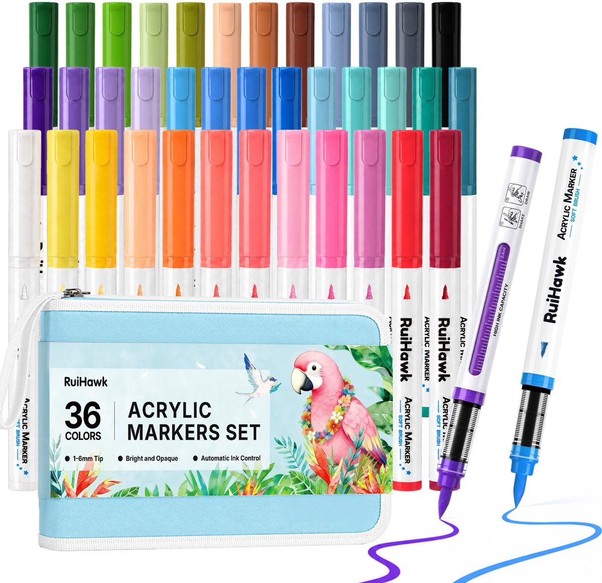 SnelShoppen - RuiHawk 36 Kleuren Acrylstiften, Macaron Pastel Acrylmarker met Penseelpunt en Automatische Inktbediening, Op Waterbasis, Dekkend voor S