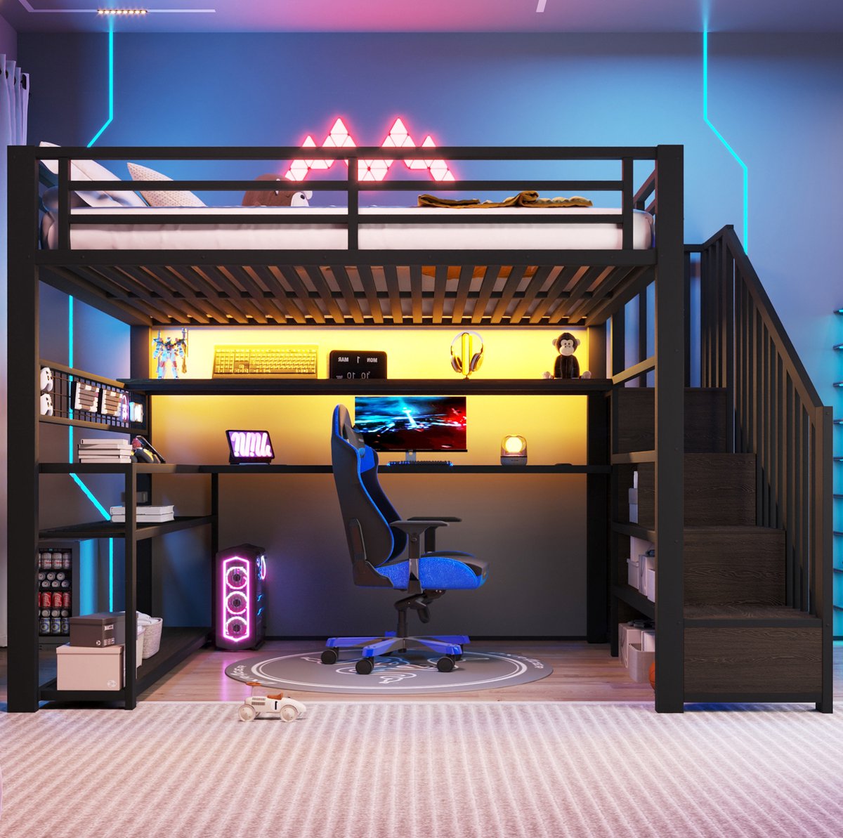 MIVRAY Hoogslaper 140x200 cm Zonder Matras - Met Bureau, Kledingkast En Opbergruimte - Voor Gamingkamer En Studieruimte - Metaal MDF - Zwart