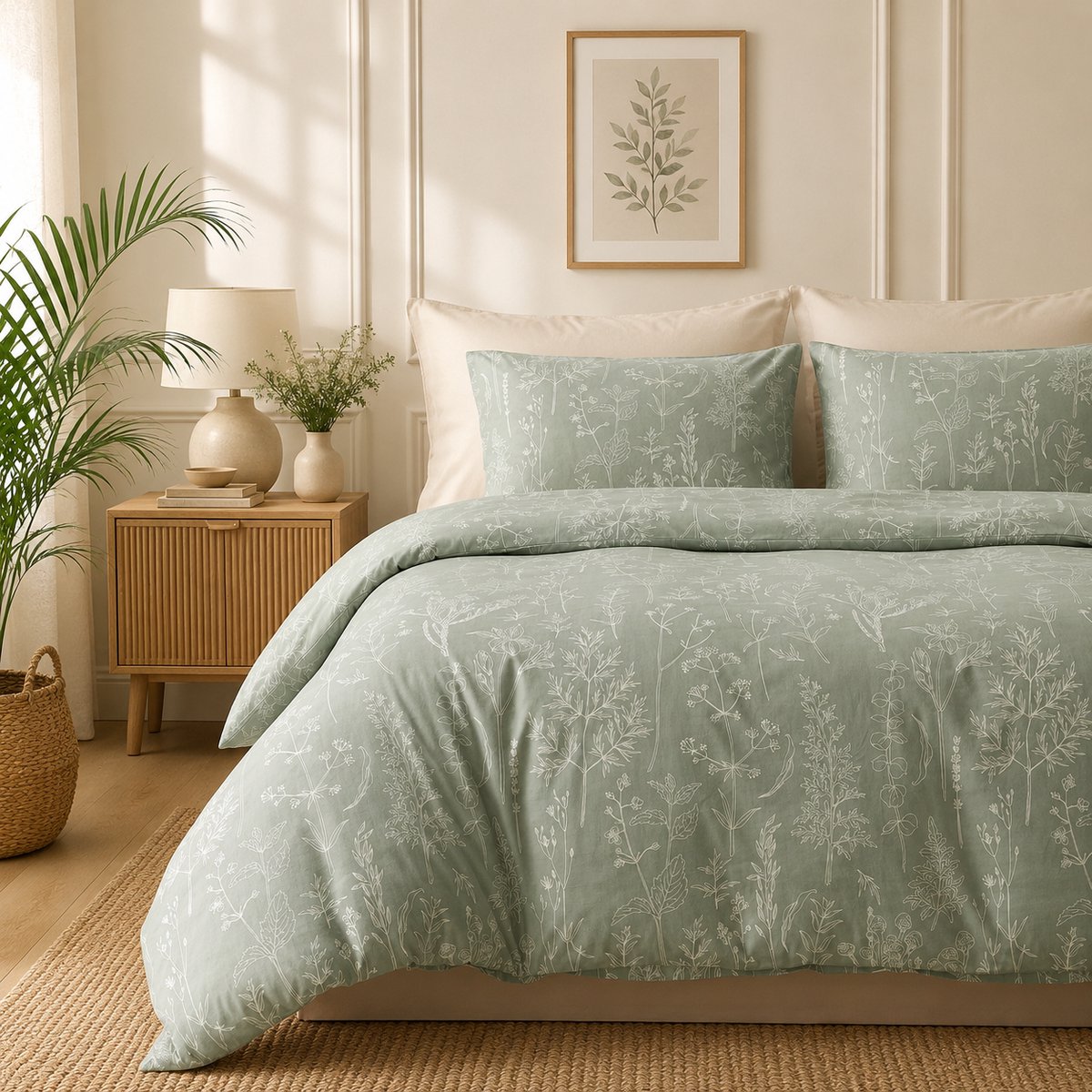 Beddengoedset 220x240cm 3-delig met 2 Kussenslopen 65x65cm - Bladpatroon Microvezel Dekbedovertrek Tweepersoons, Lichtgroen