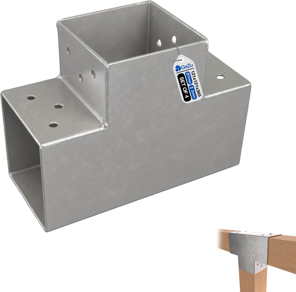 GeZu Impex Paalverbinder T 121x121 mm Set van 4 Thermisch Verzinkt Pergola Hoekverbinding T-Vorm 3-Balk Paalverbinder Hoekbeugel Paviljoen