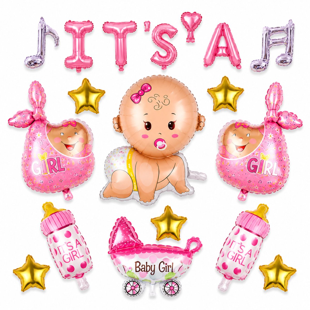 Fienosa Baby Girl Folieballonnen Set 15-delig – Babyshower Meisje Decoratie – Geboorte Versiering – It's a Girl Ballonnen – Welkom Baby – Helium & Lucht