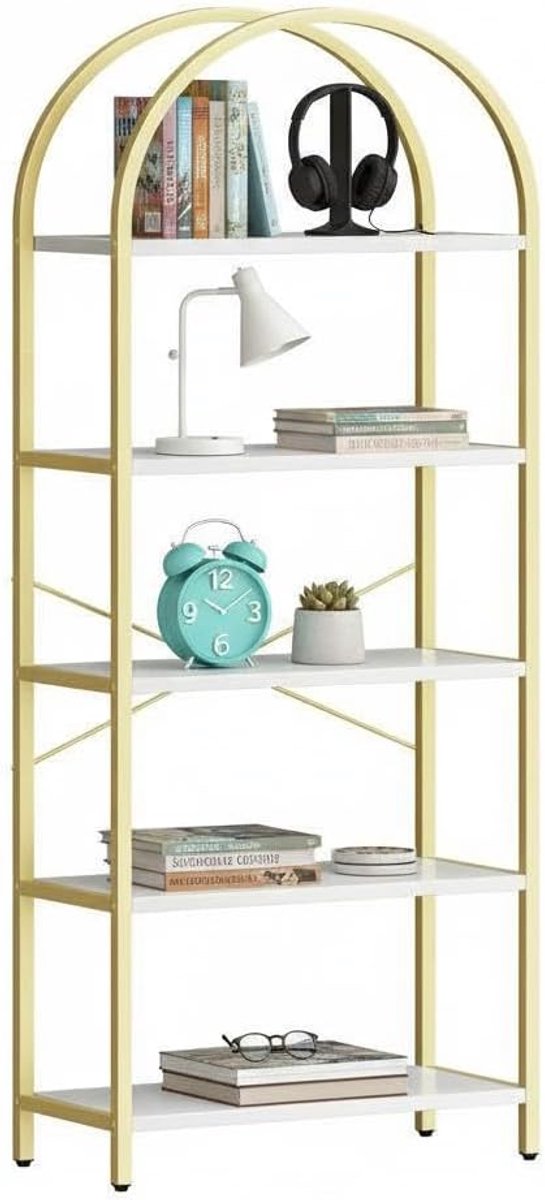 Boekenkast met Boogontwerp - Gouden Metalen Frame - Open Vakkenkast met 5 Planken - Industrieel Wandrek & Displayrek voor Woonkamer en Kantoor - Modern Boogvormig
