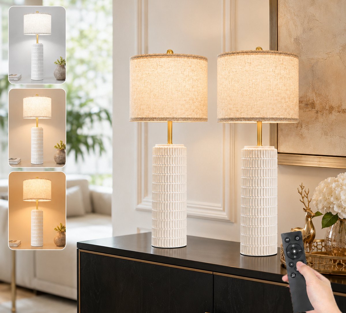 Lapamax Moderne Tafellampen Keramiek Set van 2 - Dimbare Bedlamp met Linnen Kap-leeslampje met Afstandsbediening-Timer & 3 Lichtkleuren-nachtlampje voor Slaapkamer en Woonkamer Nachtkastje