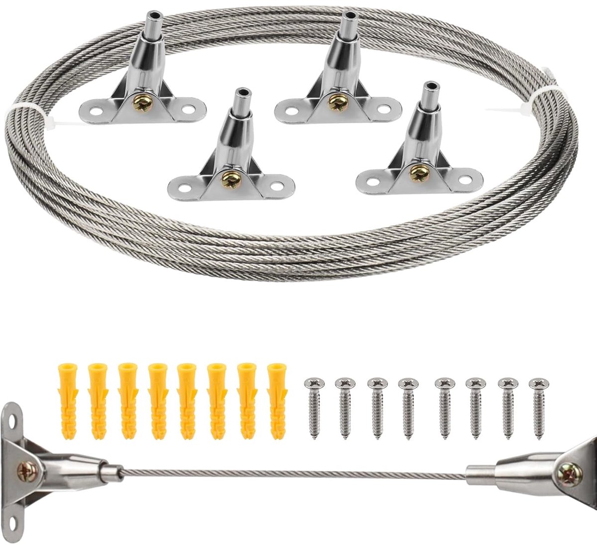SnelShoppen - 2 mm x 12 m Rvs Kabel PVC Gecoat Draad Hangen met Metaal Bevestigingscodes en Schroeven voor Foto's, Kleding, Lampen, Gordijnen, Max. 30
