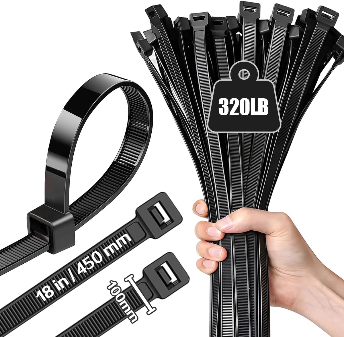 SnelShoppen - Pack van 100 Lange Kabelbinders 450mm x 10mm - UV Bestendig, Ultra Sterke Kabelbinders met 100kg Treksterkte - Zwart voor Tuin, Huis, In
