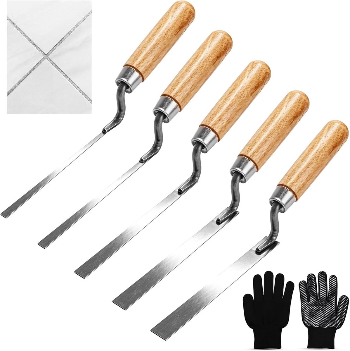 Voegentools set van 5 stuks, roestvrijstalen voegenvormer met zachte handgreep, ideaal voor metselwerk, tegelwerk en cementvoegen, diverse maten 6/8/10/12/15 mm