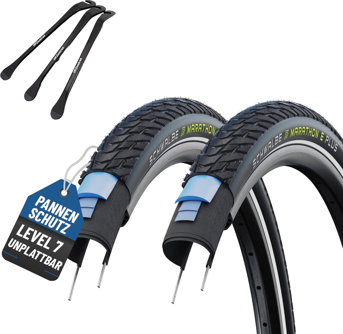 SnelShoppen - Fietsbanden Marathon E-Plus Zwart Reflex 28 x 1.50 (40-622) met Binnenband Keuze + MSZweirad Bandenlevers, Set van 2