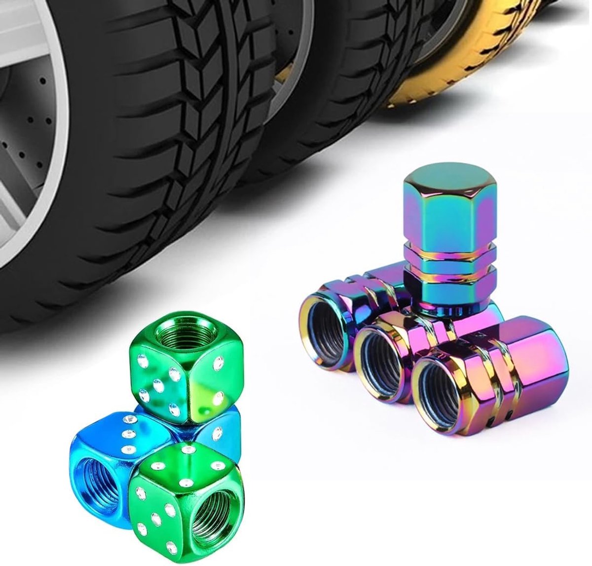 SnelShoppen - Pack van 8 Ventieldoppen Corrosiebestendig Lekvrij Universele Pasvorm voor Auto, Motor, Fiets (Rainbow, Hexagonaal en Cubisch)