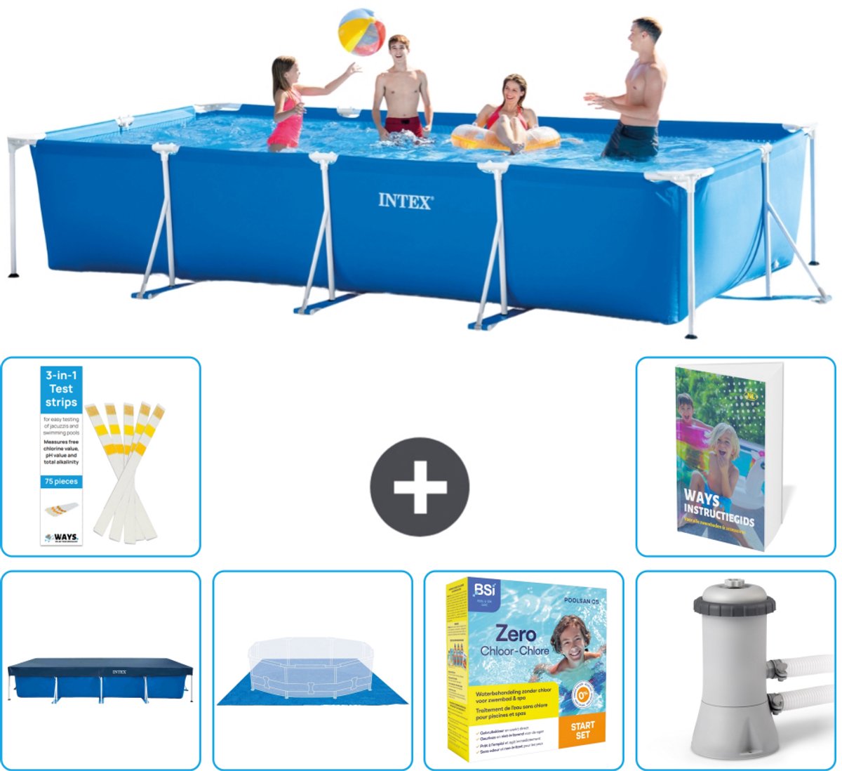 Intex Rechthoekig Frame Zwembad - 450 x 220 x 84 cm - Blauw - Inclusief Afdekzeil - Grondzeil - Onderhoudspakket - Zwembadfilterpomp - 7-delig