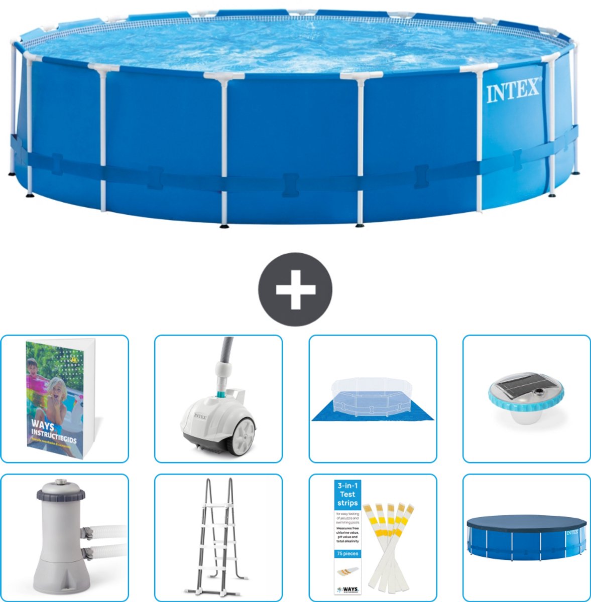 Intex Rond Frame Zwembad - 457 x 122 cm - Blauw - Inclusief Pomp - Ladder - Grondzeil - Afdekzeil - Stofzuiger - Verlichting - 9-delig