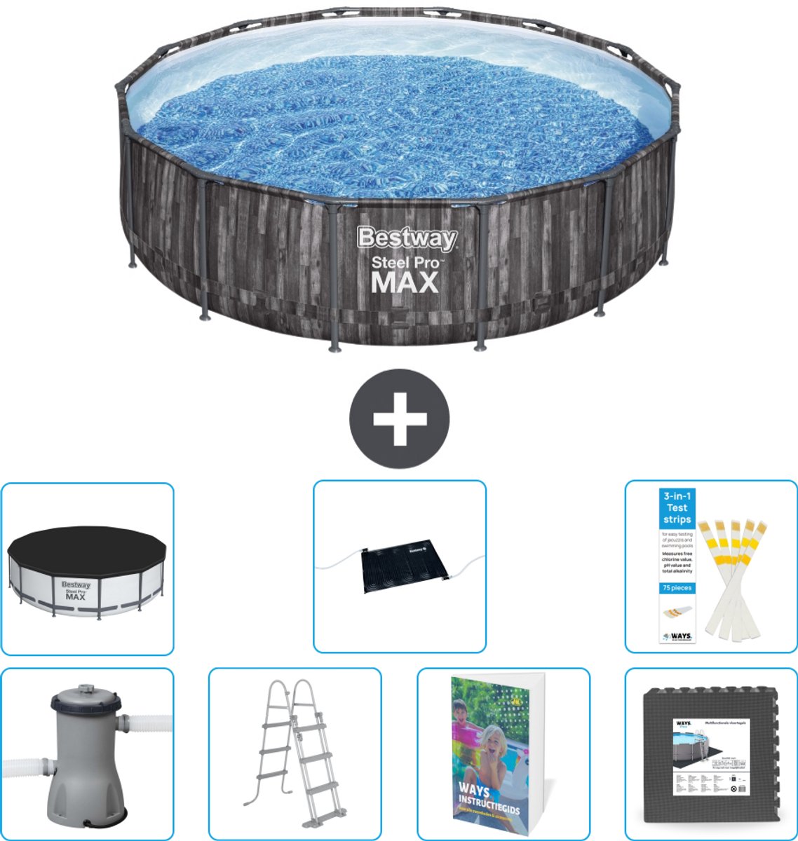 Bestway Rond Steel Pro MAX Zwembad - Houtprint - 427 x 107 cm - Inclusief Pomp - Ladder - Afdekzeil - Solar Mat - Vloertegels - 8-delig