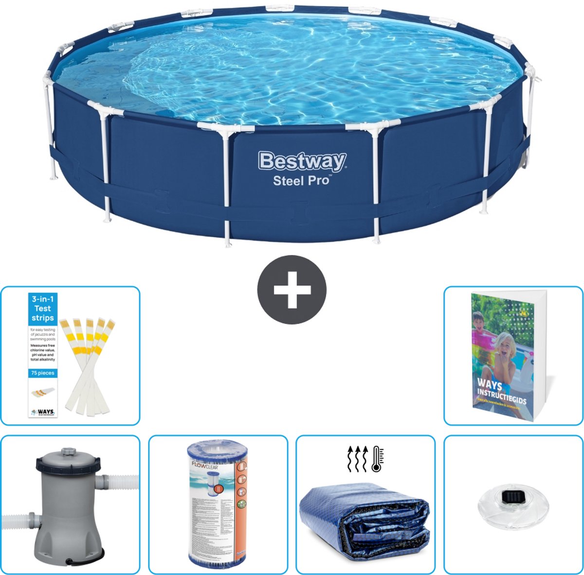 Bestway Rond Steel Pro Zwembad - 396 x 84 cm - Blauw - Inclusief Pomp - Filter - Solarzeil - Verlichting - 7-delig