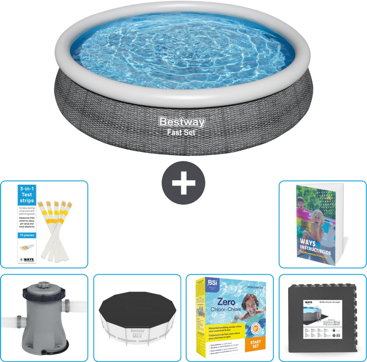 Bestway Rond Opblaasbaar Fast Set Zwembad - Rotanprint - 366 x 76 cm - Inclusief Pomp - Afdekzeil - Onderhoudspakket - Vloertegels - 7-delig