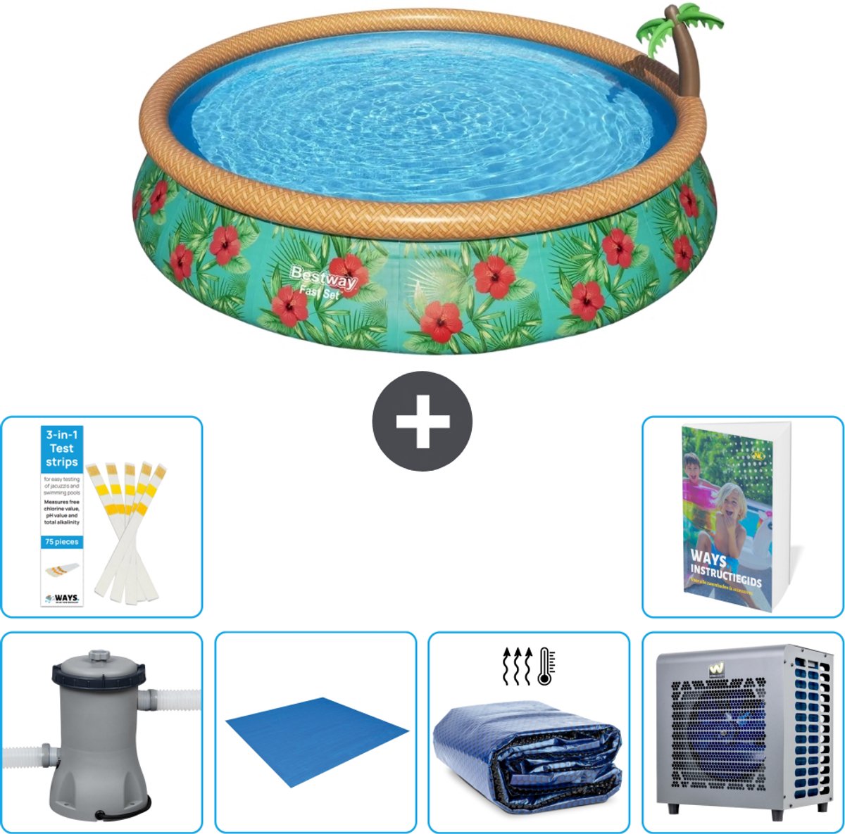 Bestway Rond Opblaasbaar Fast Set Zwembad - Paradijsprint - 457 x 84 cm - Inclusief Pomp - Grondzeil - Solarzeil - Warmtepomp - 7-delig