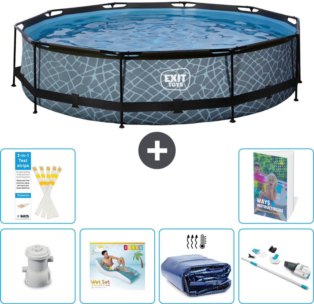 EXIT Rond Stone Frame Zwembad - 360 x 76 cm - Inclusief Pomp - Loungebed - Solarzeil - Stofzuiger - 7-delig