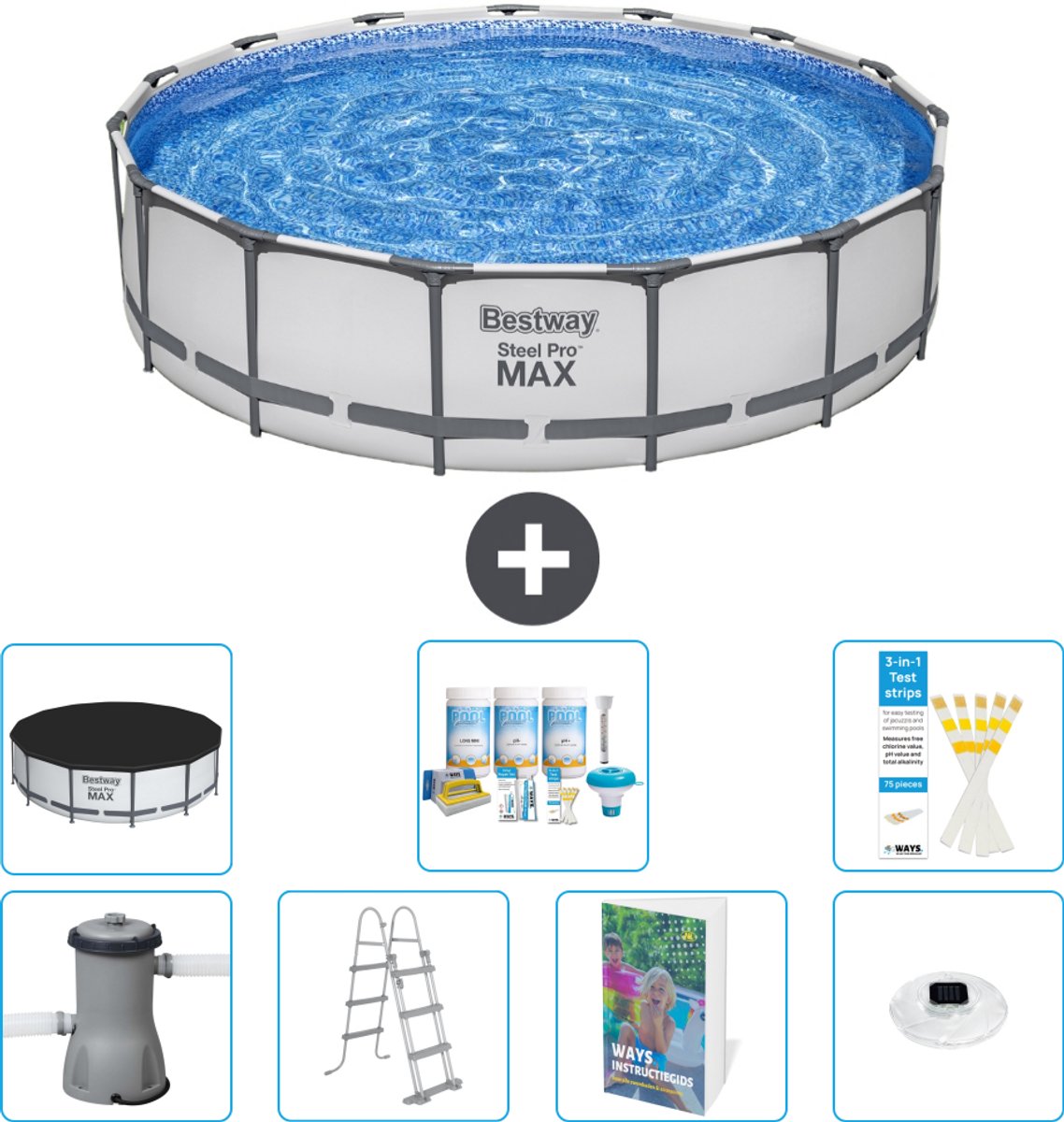 Bestway Rond Steel Pro MAX Zwembad - 457 x 107 cm - Grijs - Inclusief Pomp - Ladder - Afdekzeil - Onderhoudspakket - Verlichting - 8-delig