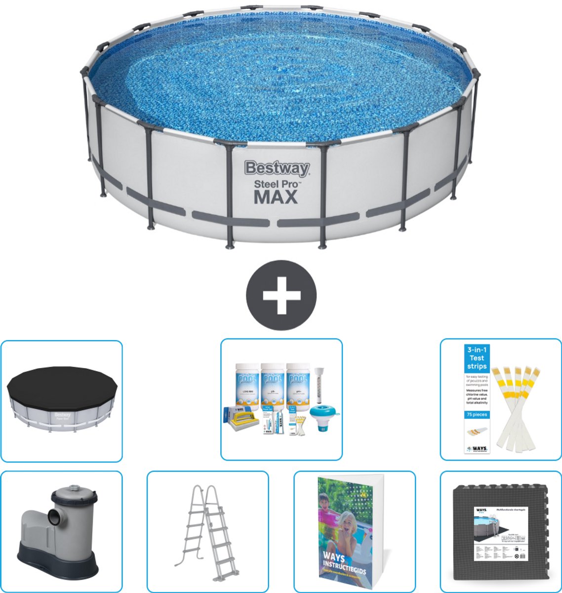 Bestway Rond Steel Pro MAX Zwembad - 488 x 122 cm - Grijs - Inclusief Pomp - Ladder - Afdekzeil - Onderhoudspakket - Vloertegels - 8-delig