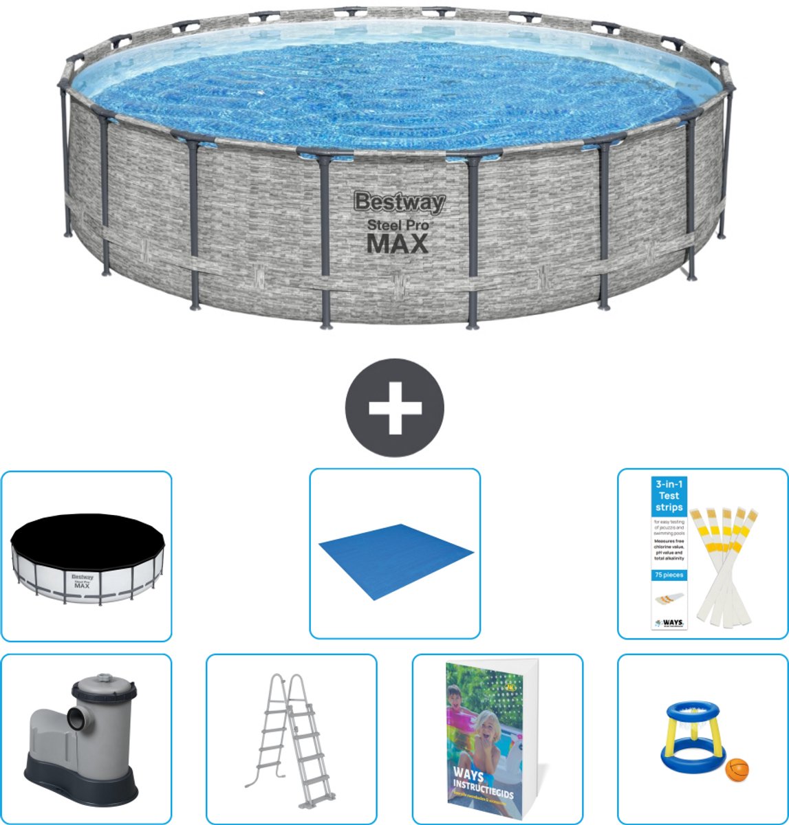 Bestway Rond Steel Pro MAX Zwembad - Steenprint - 549 x 122 - Inclusief Pomp - Ladder - Afdekzeil - Grondzeil - Speelgoed - 8-delig