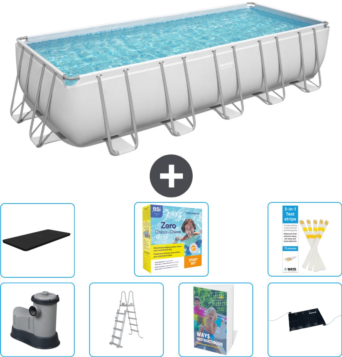 Bestway Rechthoekig Power Steel Zwembad - 640 x 274 x 132 - Grijs - Inclusief Pomp - Ladder - Afdekzeil - Onderhoudspakket - Solar Mat - 8-delig