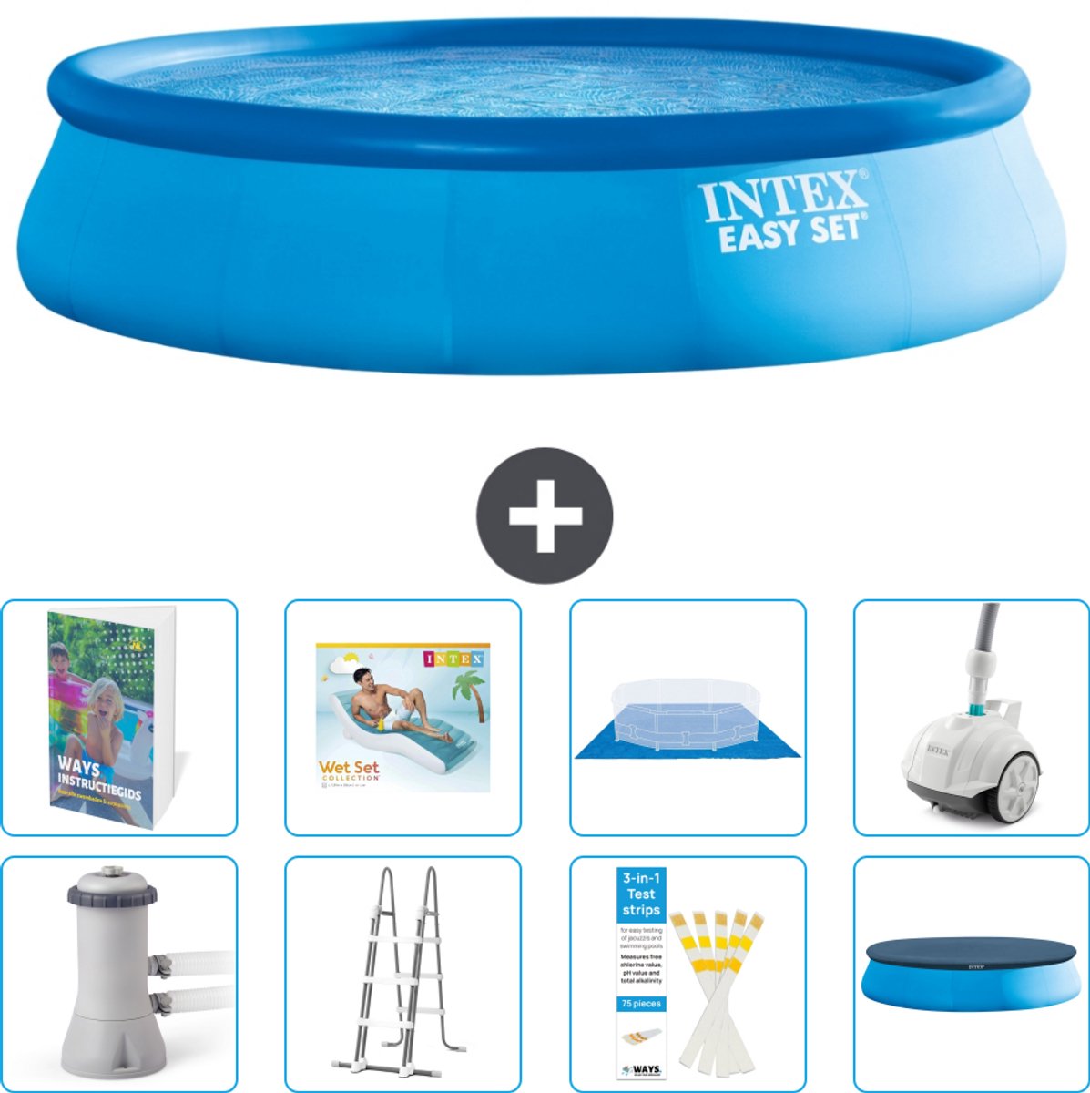 Intex Rond Opblaasbaar Easy Set Zwembad - 457 x 107 cm - Blauw - Inclusief Pomp - Ladder - Grondzeil - Afdekzeil - Loungebed - Stofzuiger - 9-delig