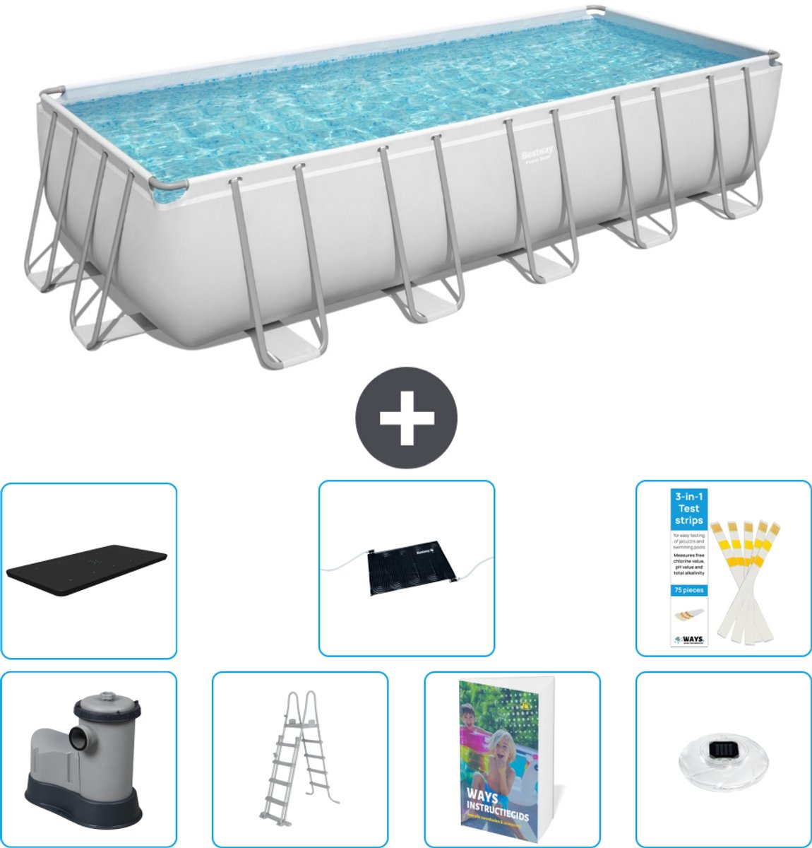 Bestway Rechthoekig Power Steel Zwembad - 640 x 274 x 132 - Grijs - Inclusief Pomp - Ladder - Afdekzeil - Solar Mat - Verlichting - 8-delig