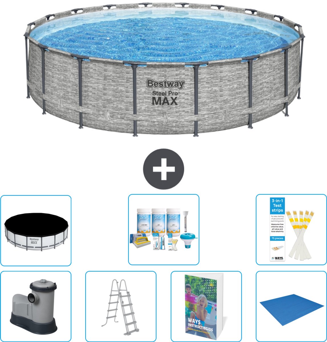 Bestway Rond Steel Pro MAX Zwembad - Steenprint - 549 x 122 - Inclusief Pomp - Ladder - Afdekzeil - Onderhoudspakket - Grondzeil - 8-delig