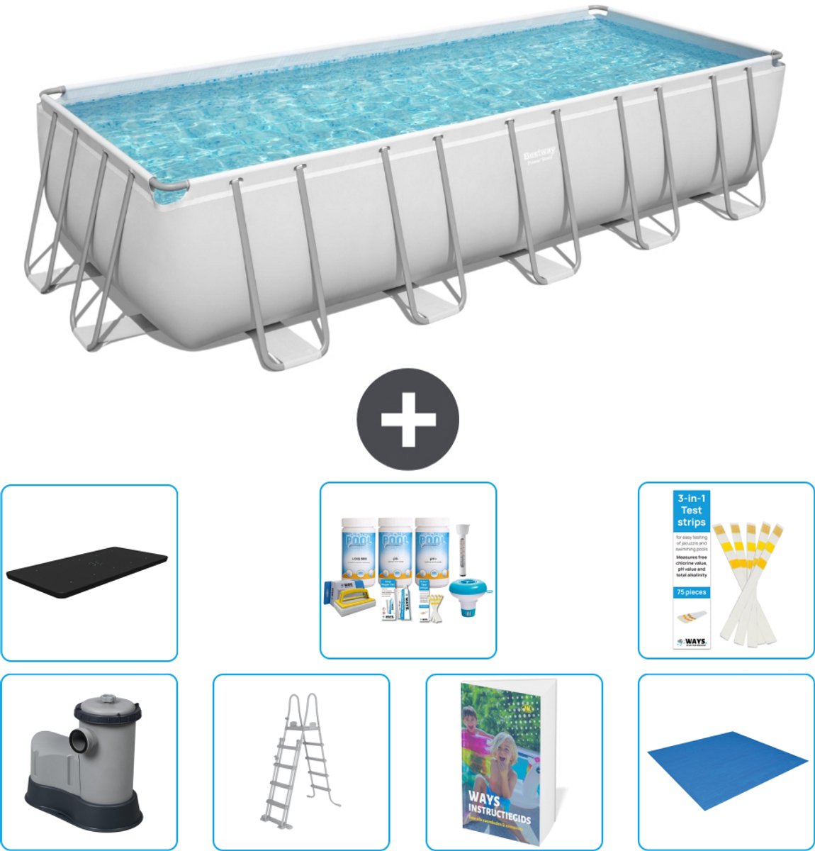 Bestway Rechthoekig Power Steel Zwembad - 640 x 274 x 132 - Grijs - Inclusief Pomp - Ladder - Afdekzeil - Onderhoudspakket - Grondzeil - 8-delig