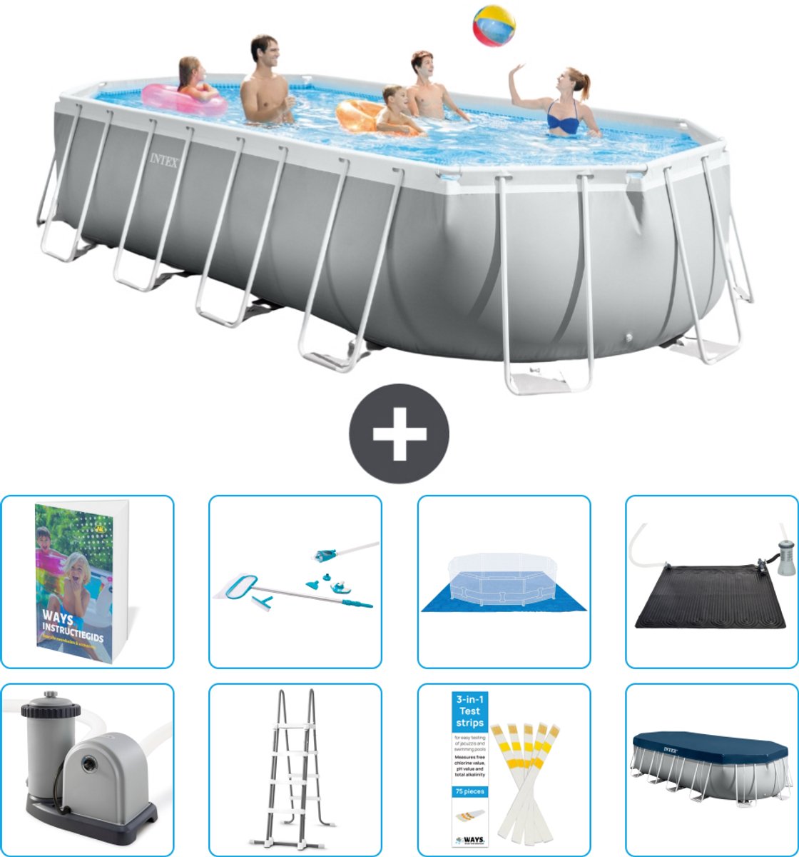 Intex Ovaal Prism Frame Zwembad - 610 x 305 x 122 cm - Grijs - Inclusief Pomp - Ladder - Grondzeil - Afdekzeil - Schoonmaakset - Solar Mat - 9-delig