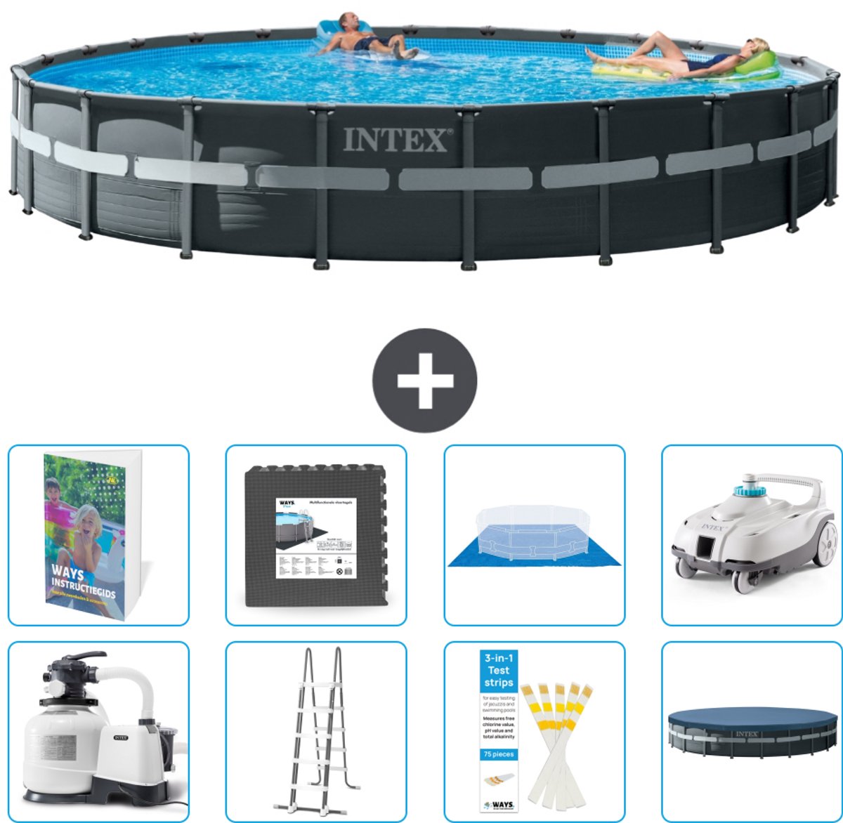 Intex Rond Ultra XTR Frame Zwembad - 732 x 132 cm - Inclusief Pomp - Ladder - Grondzeil - Afdekzeil - Vloertegels - Stofzuiger - 9-delig