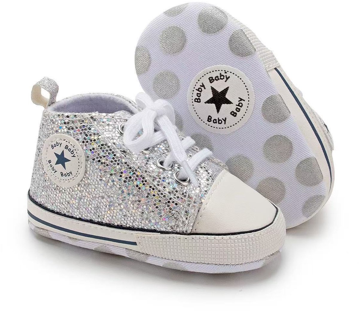 Stoere Baby Schoenen - Babysneakers van Baby-Slofje - Zilver glitter maat 18 ( 12 cm)