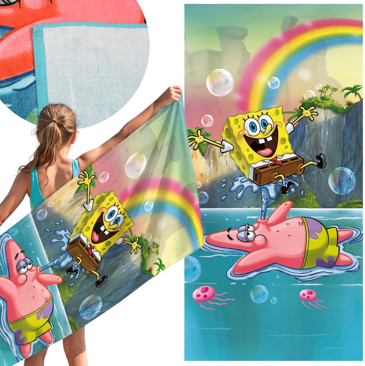 Spongebob Kleurrijk, SNELDROGEND strandlaken, badlaken, 100% KATOEN 70x140 cm OEKO-TEX