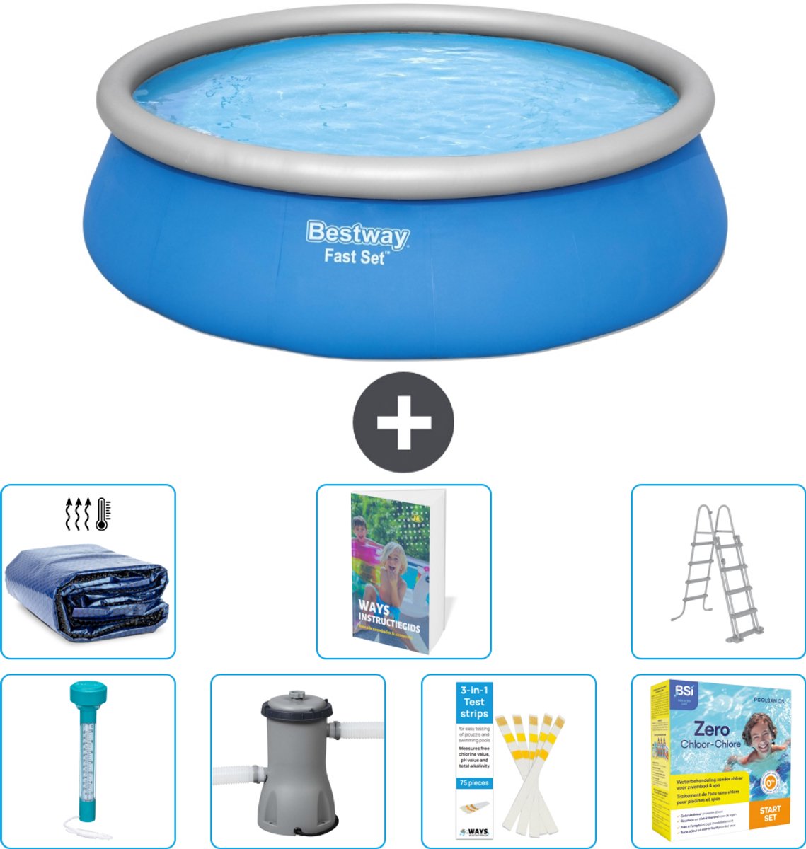 Bestway Rond Opblaasbaar Fast Set Zwembad - 457 x 122 cm - Blauw - Inclusief Pomp - Ladder - Onderhoudspakket - Solarzeil - Thermometer - 8-delig