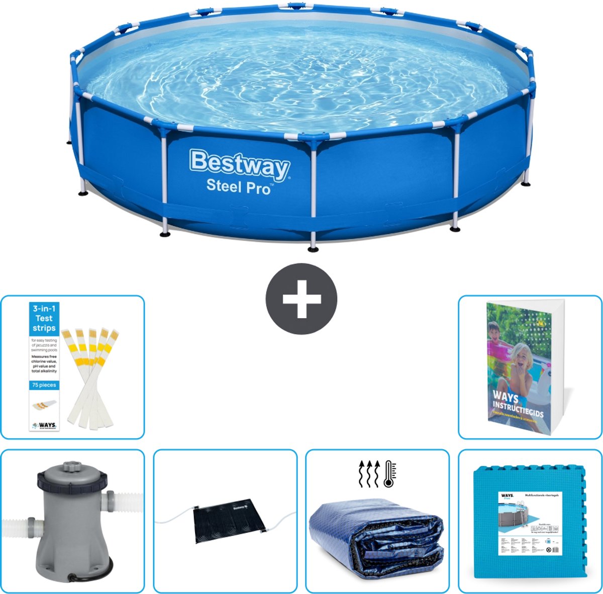 Bestway Rond Steel Pro Zwembad - 366 x 76 cm - Blauw - Inclusief Pomp - Solar Mat - Solarzeil - Vloertegels - 7-delig