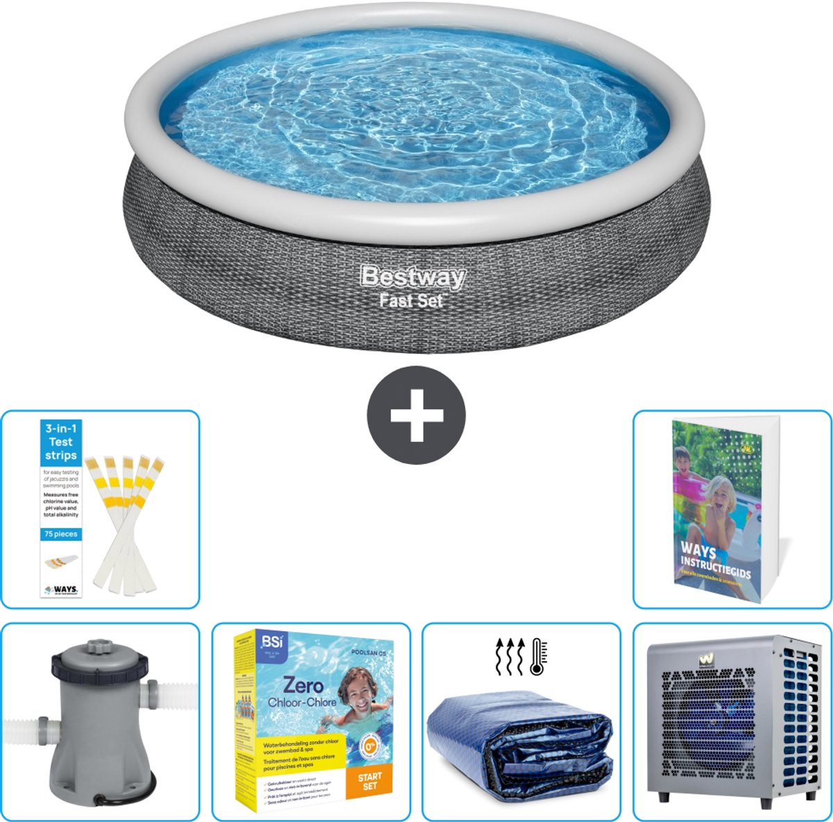 Bestway Rond Opblaasbaar Fast Set Zwembad - Rotanprint - 366 x 76 cm - Inclusief Pomp - Onderhoudspakket - Solarzeil - Warmtepomp - 7-delig