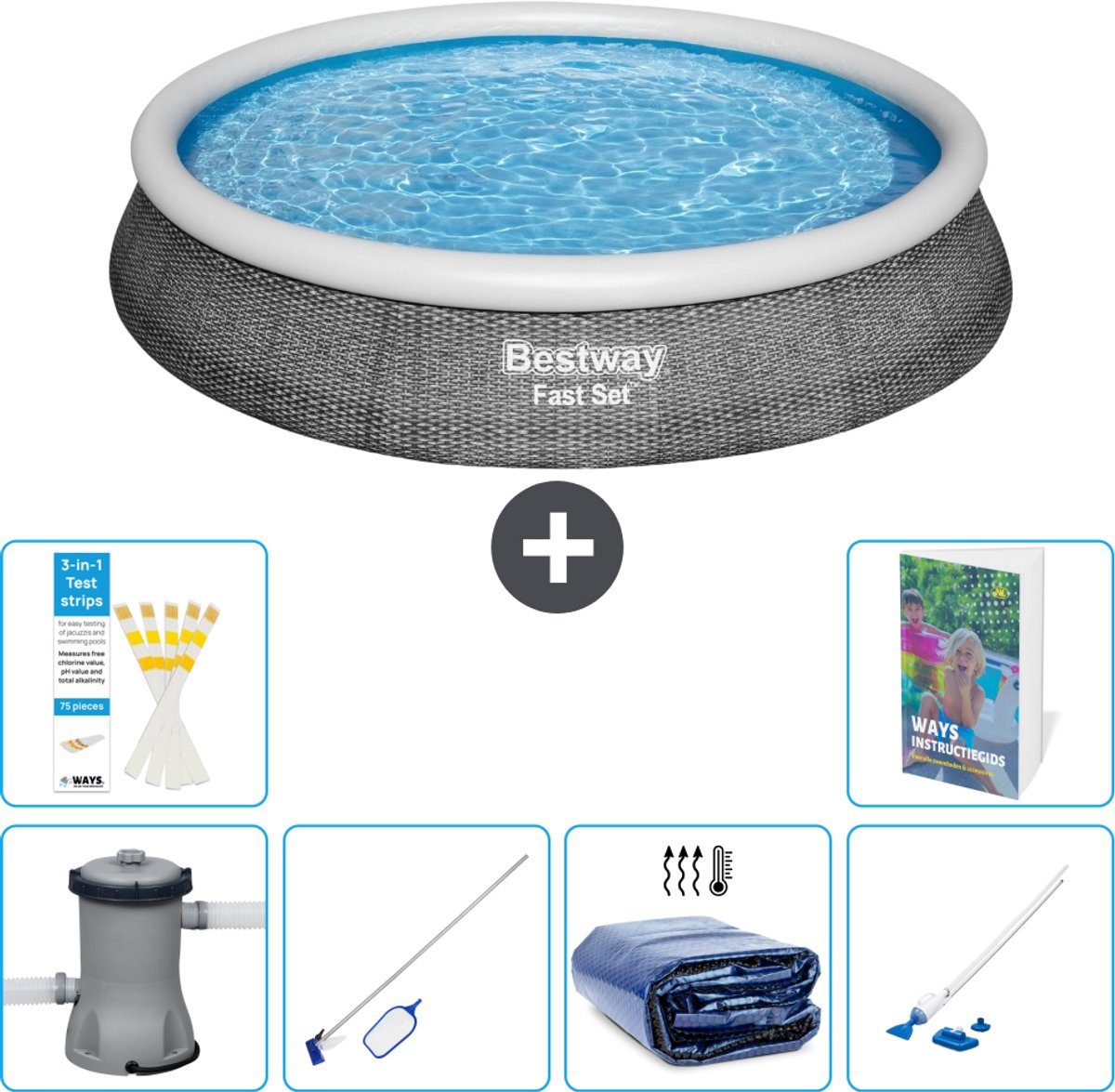 Bestway Rond Opblaasbaar Fast Set Zwembad - Rotanprint - 396 x 84 cm - Inclusief Pomp - Schoonmaakset - Solarzeil - Stofzuiger - 7-delig