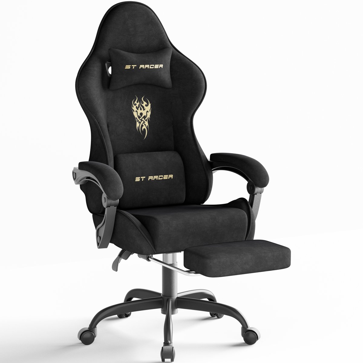 Arvioo Gaming Stoel - Voetensteun - Massage Lendenkussen - Fluweel - Zwart - Verstelbaar