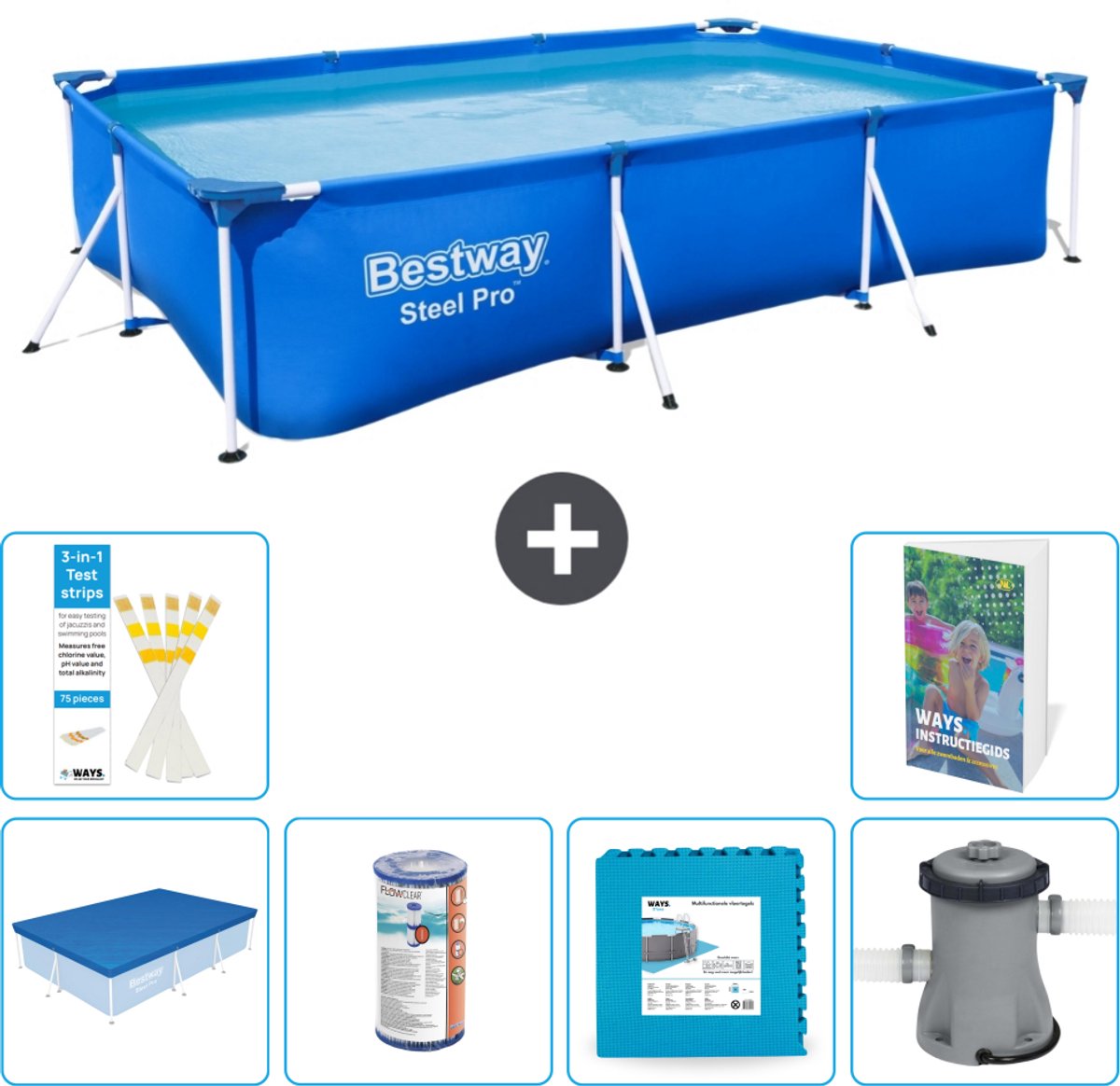 Bestway Rechthoekig Steel Pro Zwembad - 300 x 201 x 66 cm - Blauw - Inclusief Afdekzeil - Filter - Vloertegels - Zwembadfilterpomp - 7-delig