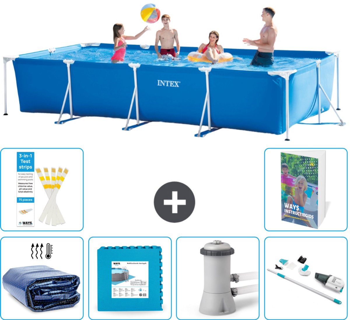 Intex Rechthoekig Frame Zwembad - 450 x 220 x 84 cm - Blauw - Inclusief Solarzeil - Vloertegels - Zwembadfilterpomp - Stofzuiger - 7-delig