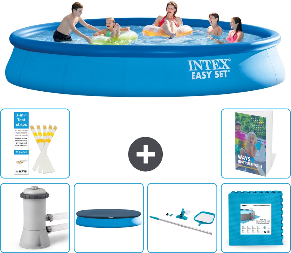 Intex Rond Opblaasbaar Easy Set Zwembad - 457 x 84 cm - Blauw - Inclusief Pomp - Afdekzeil - Schoonmaakset - Vloertegels - 7-delig