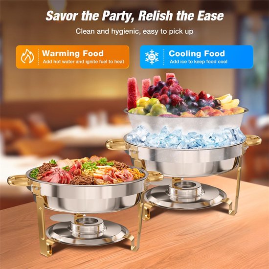 WARMOUNTS Chafing Dish Set 2 Stuks Goud – 4,73L RVS Buffet Warmhoudbak met RVS Deksel en Dekselhouder – Ronde Voedselverwarmer voor Catering, Feest, Bruiloft en Horeca — afbeelding 4