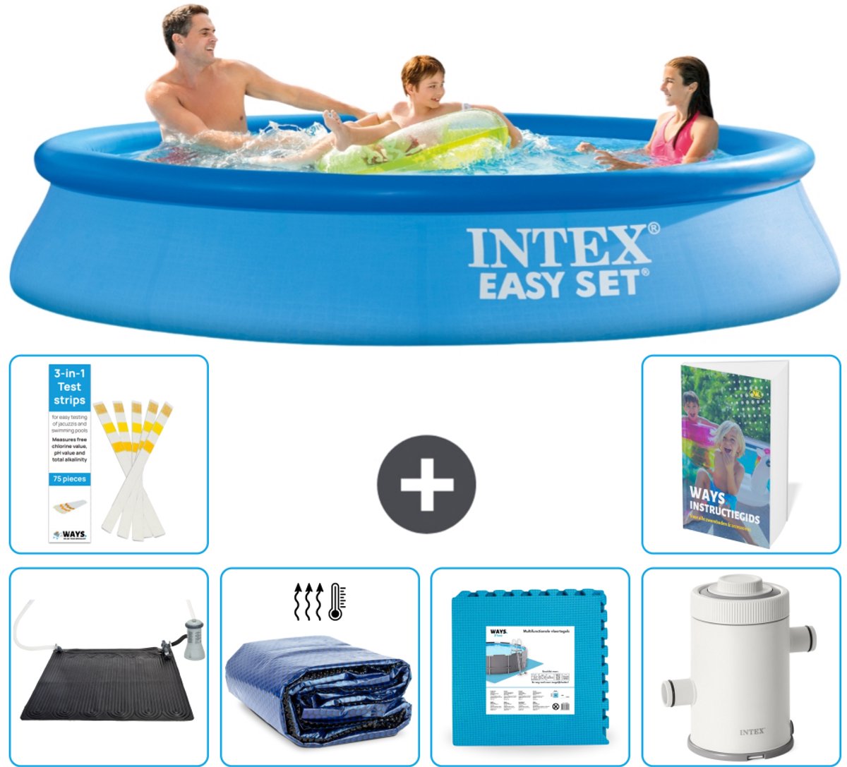Intex Rond Opblaasbaar Easy Set Zwembad - 305 x 61 cm - Blauw - Inclusief Solar Mat - Solarzeil - Vloertegels - Zwembadfilterpomp - 7-delig
